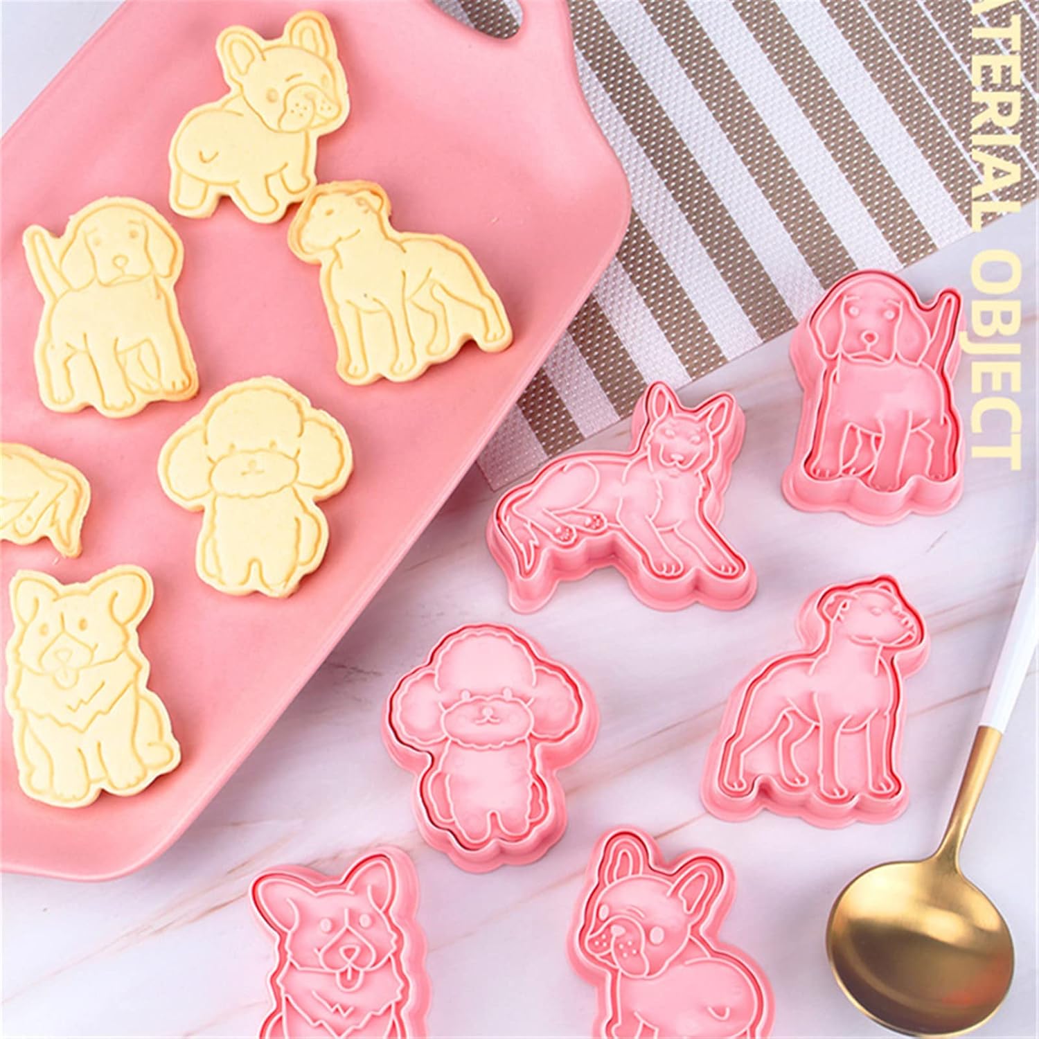 6-Piece Food Grade Plastic Dog Shaped Cookie Stamps Set for Baking - Cute Pink Fondant Stamper Kit