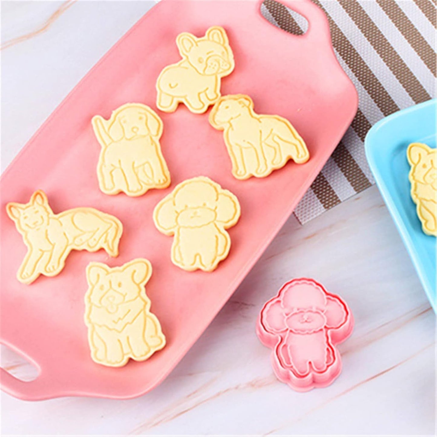 6-Piece Food Grade Plastic Dog Shaped Cookie Stamps Set for Baking - Cute Pink Fondant Stamper Kit