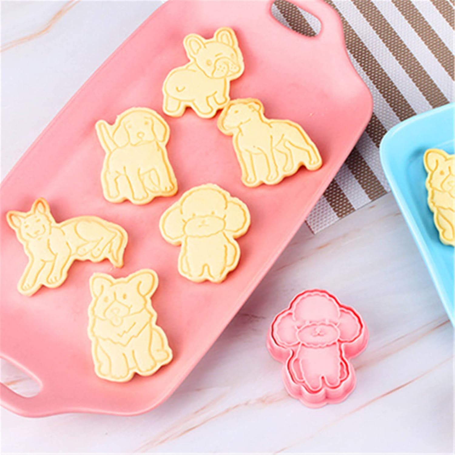 6-Piece Food Grade Plastic Dog Shaped Cookie Stamps Set for Baking - Cute Pink Fondant Stamper Kit