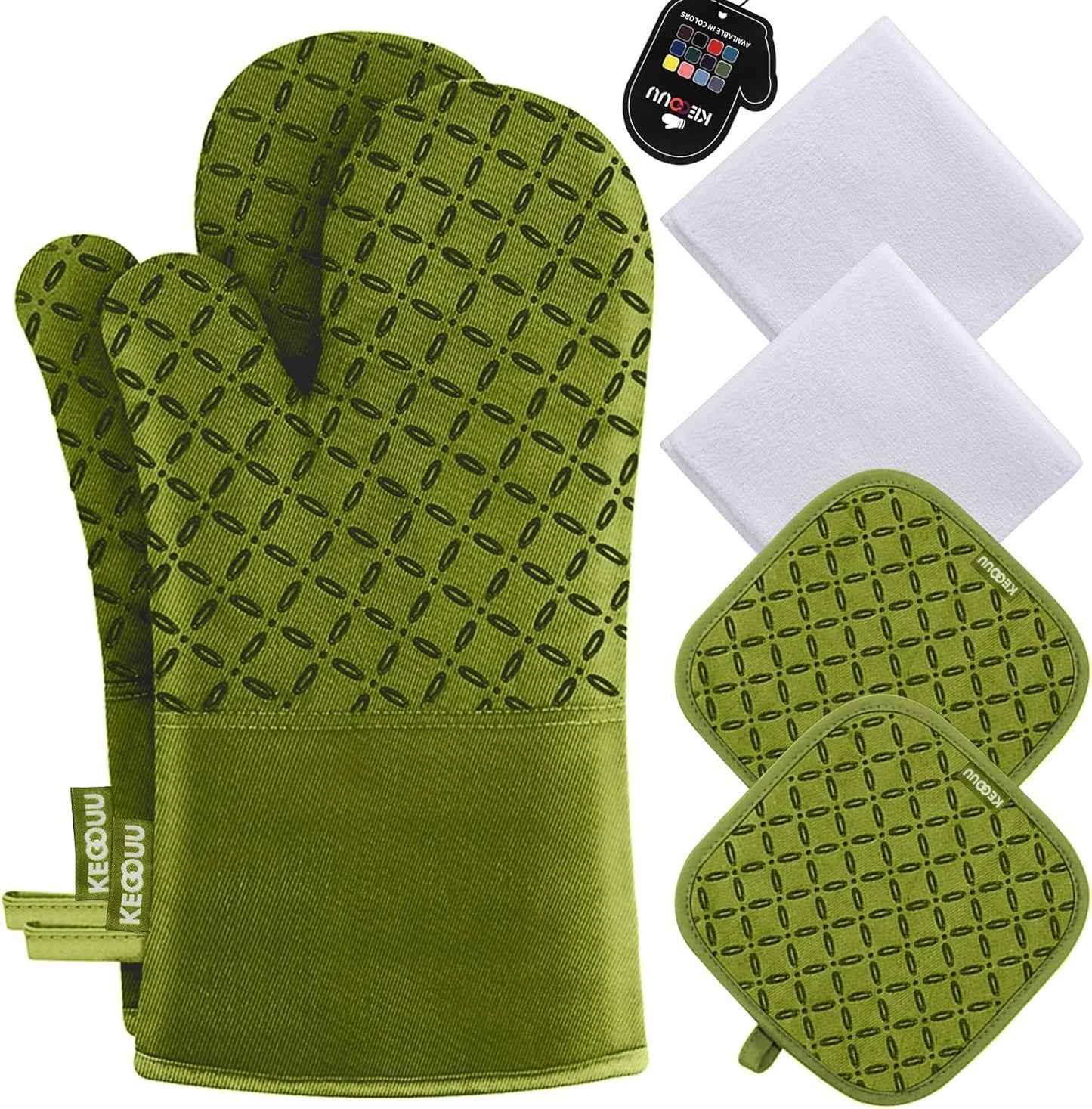 6-Piece KEGOUU Olive Drab Kitchen Oven Glove Set - High Heat Resistant, Extra Long Mitts & Potholders with Non-Slip Silicone Surface for Cooking up to 500 Degrees