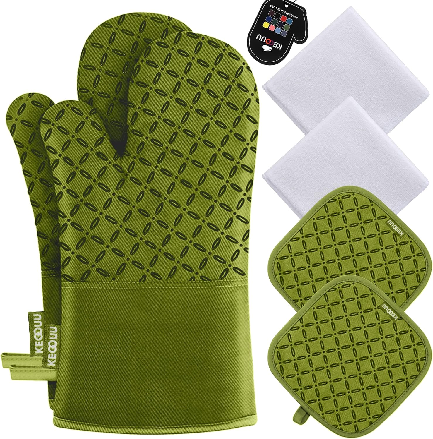 6-Piece KEGOUU Olive Drab Kitchen Oven Glove Set - High Heat Resistant, Extra Long Mitts & Potholders with Non-Slip Silicone Surface for Cooking up to 500 Degrees