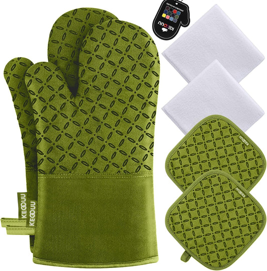 6-Piece KEGOUU Olive Drab Kitchen Oven Glove Set - High Heat Resistant, Extra Long Mitts & Potholders with Non-Slip Silicone Surface for Cooking up to 500 Degrees