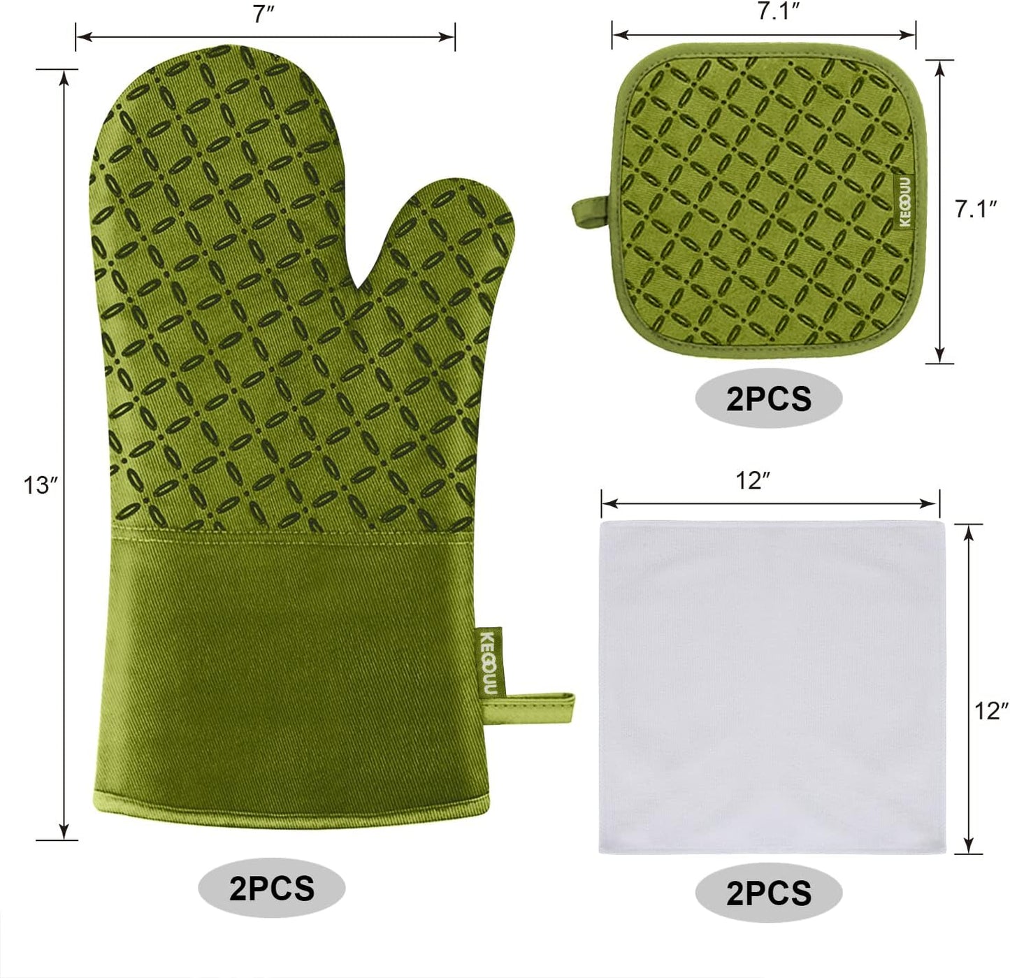 6-Piece KEGOUU Olive Drab Kitchen Oven Glove Set - High Heat Resistant, Extra Long Mitts & Potholders with Non-Slip Silicone Surface for Cooking up to 500 Degrees