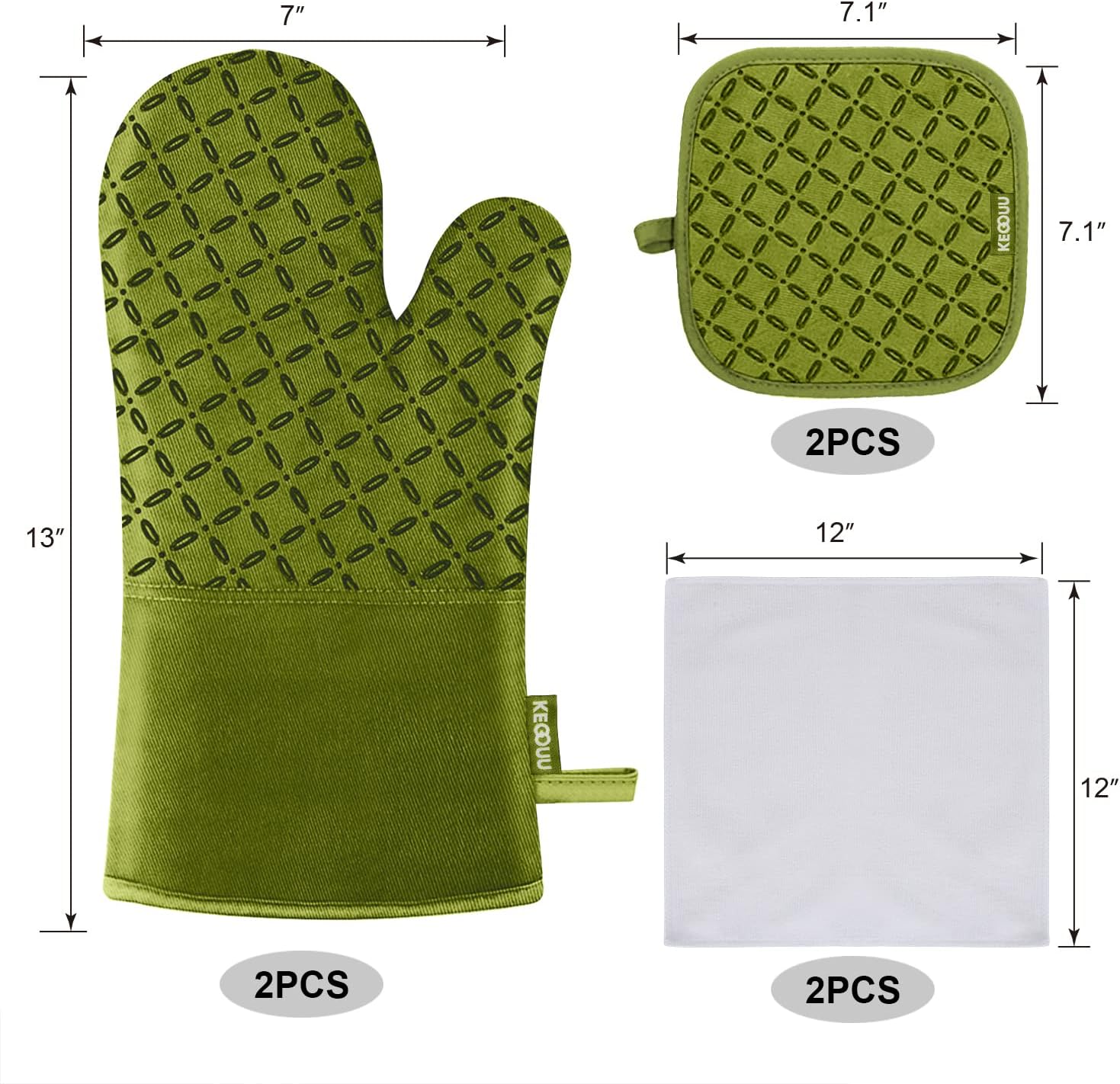 6-Piece KEGOUU Olive Drab Kitchen Oven Glove Set - High Heat Resistant, Extra Long Mitts & Potholders with Non-Slip Silicone Surface for Cooking up to 500 Degrees