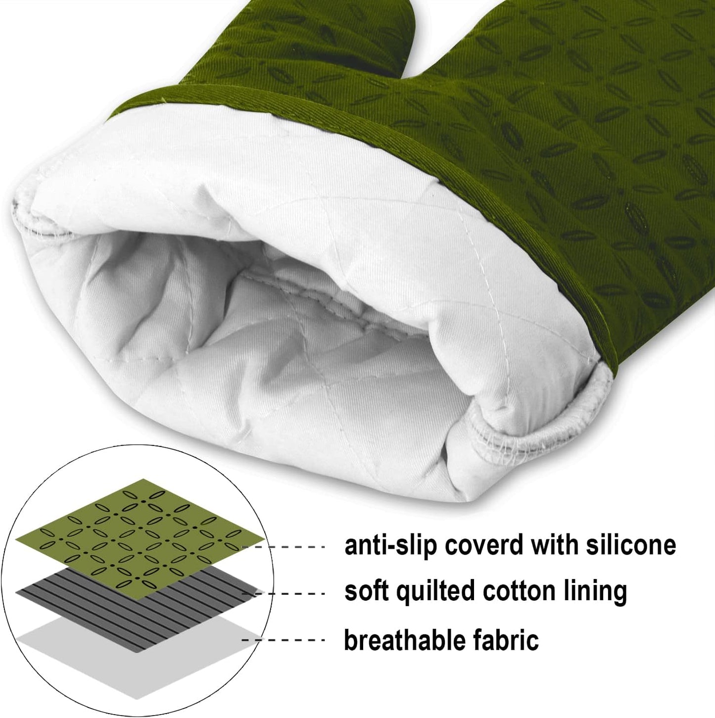 6-Piece KEGOUU Olive Drab Kitchen Oven Glove Set - High Heat Resistant, Extra Long Mitts & Potholders with Non-Slip Silicone Surface for Cooking up to 500 Degrees