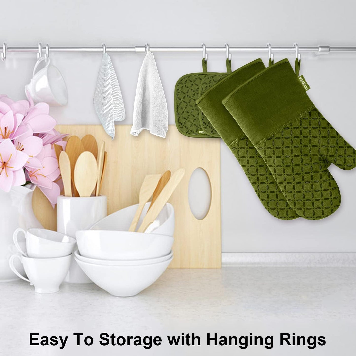 6-Piece KEGOUU Olive Drab Kitchen Oven Glove Set - High Heat Resistant, Extra Long Mitts & Potholders with Non-Slip Silicone Surface for Cooking up to 500 Degrees