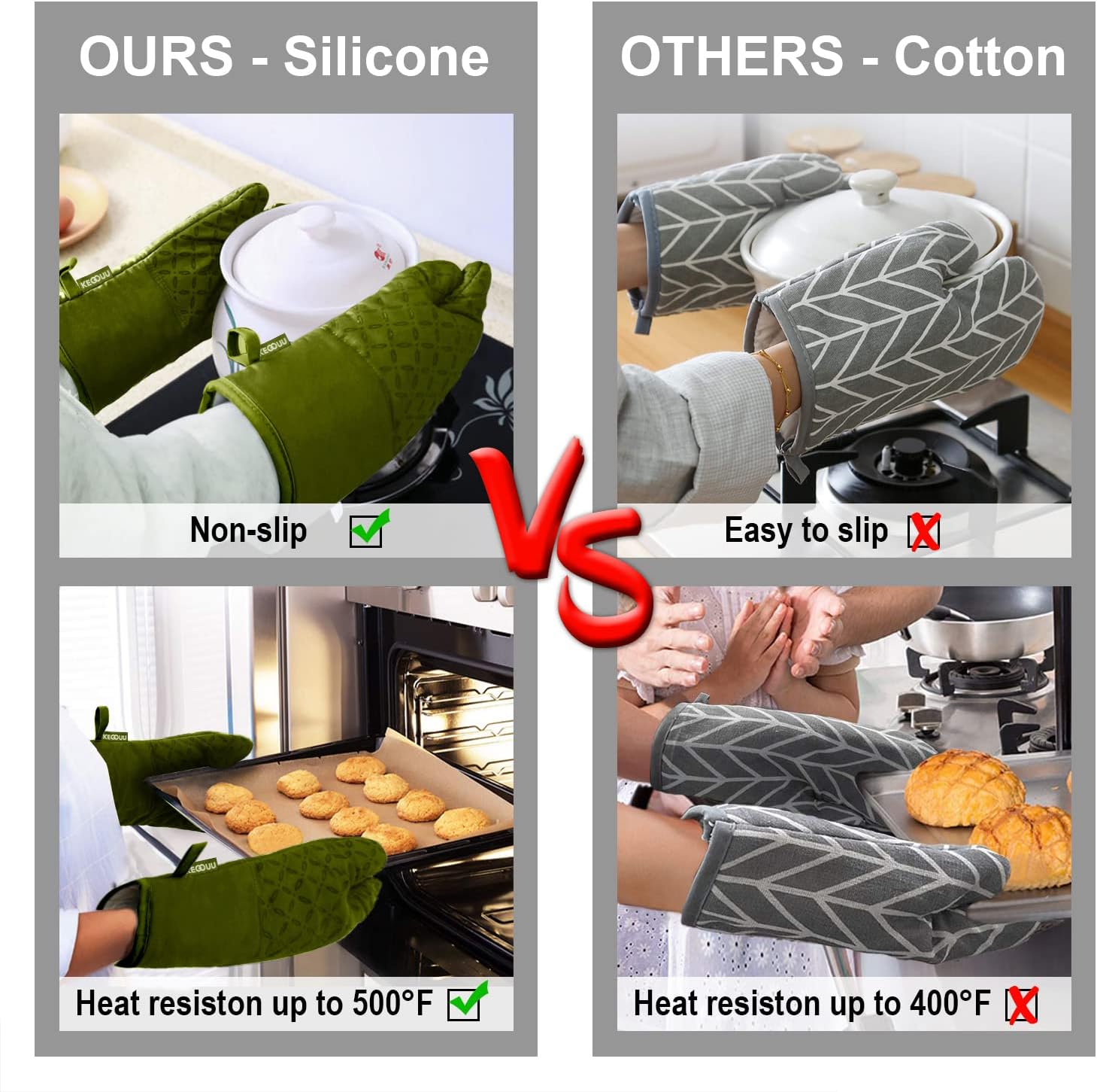 6-Piece KEGOUU Olive Drab Kitchen Oven Glove Set - High Heat Resistant, Extra Long Mitts & Potholders with Non-Slip Silicone Surface for Cooking up to 500 Degrees