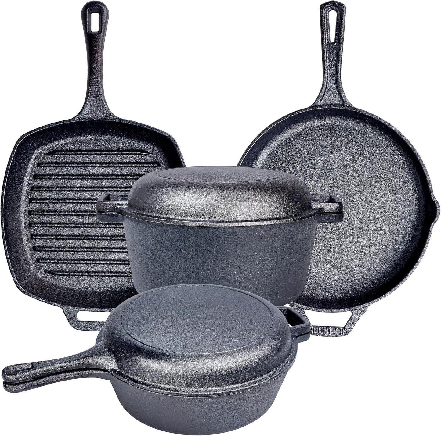 6 Piece Pre Seasoned Cast Iron Cookware Set with Dutch Oven, Skillets, Grill Pan, and Lid - Ideal for Outdoor Camping and Kitchen Cooking