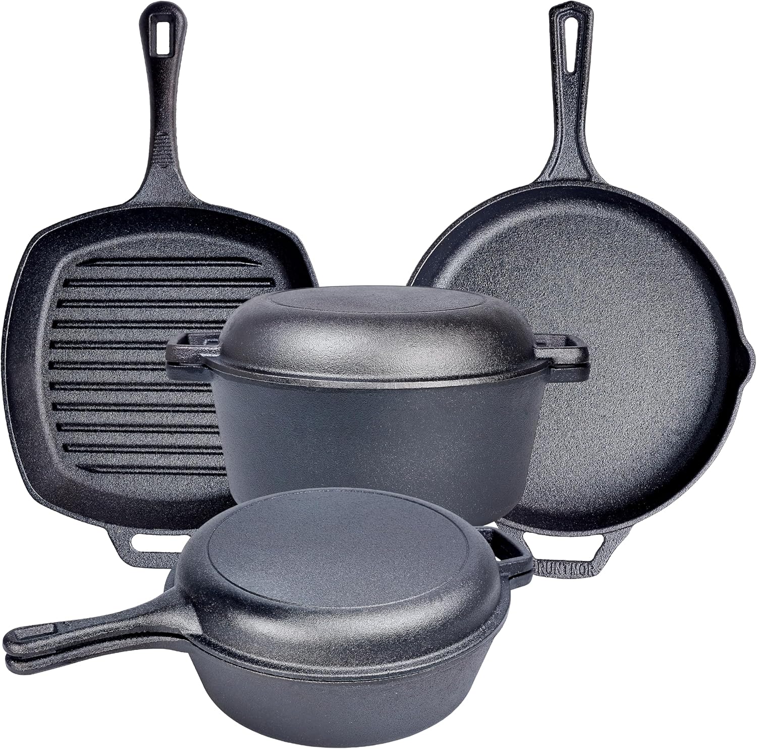6 Piece Pre Seasoned Cast Iron Cookware Set with Dutch Oven, Skillets, Grill Pan, and Lid - Ideal for Outdoor Camping and Kitchen Cooking