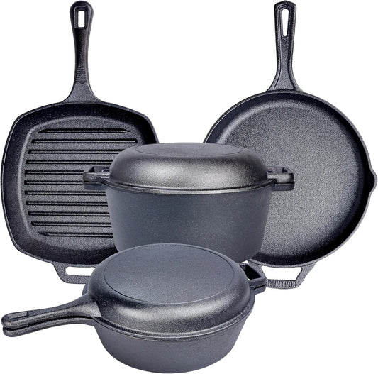 6 Piece Pre Seasoned Cast Iron Cookware Set with Dutch Oven, Skillets, Grill Pan, and Lid - Ideal for Outdoor Camping and Kitchen Cooking