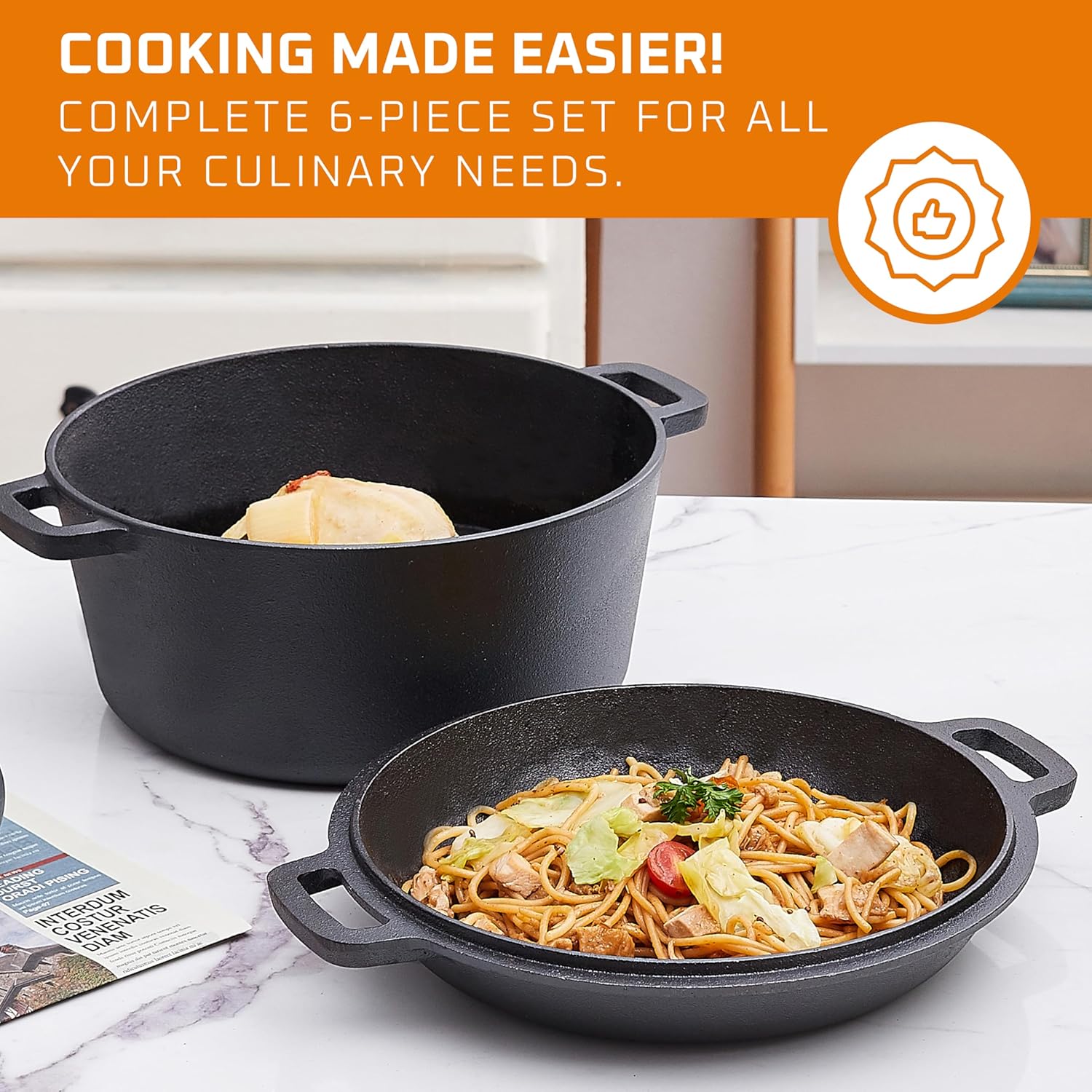 6 Piece Pre Seasoned Cast Iron Cookware Set with Dutch Oven, Skillets, Grill Pan, and Lid - Ideal for Outdoor Camping and Kitchen Cooking