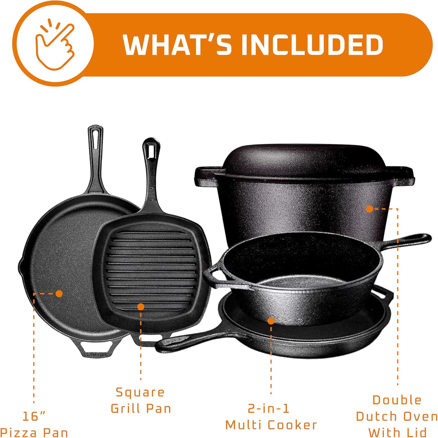 6 Piece Pre Seasoned Cast Iron Cookware Set with Dutch Oven, Skillets, Grill Pan, and Lid - Ideal for Outdoor Camping and Kitchen Cooking