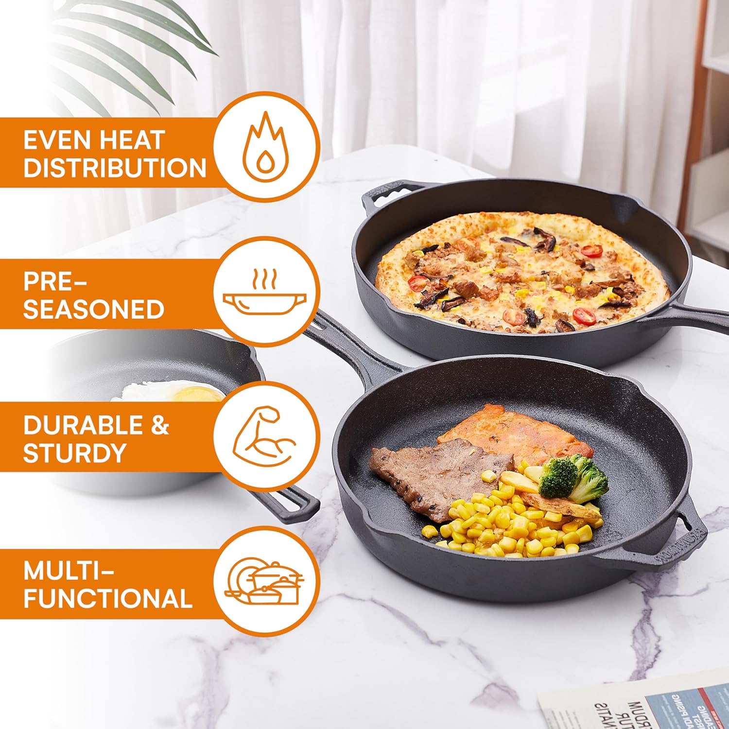 6 Piece Pre Seasoned Cast Iron Cookware Set with Dutch Oven, Skillets, Grill Pan, and Lid - Ideal for Outdoor Camping and Kitchen Cooking