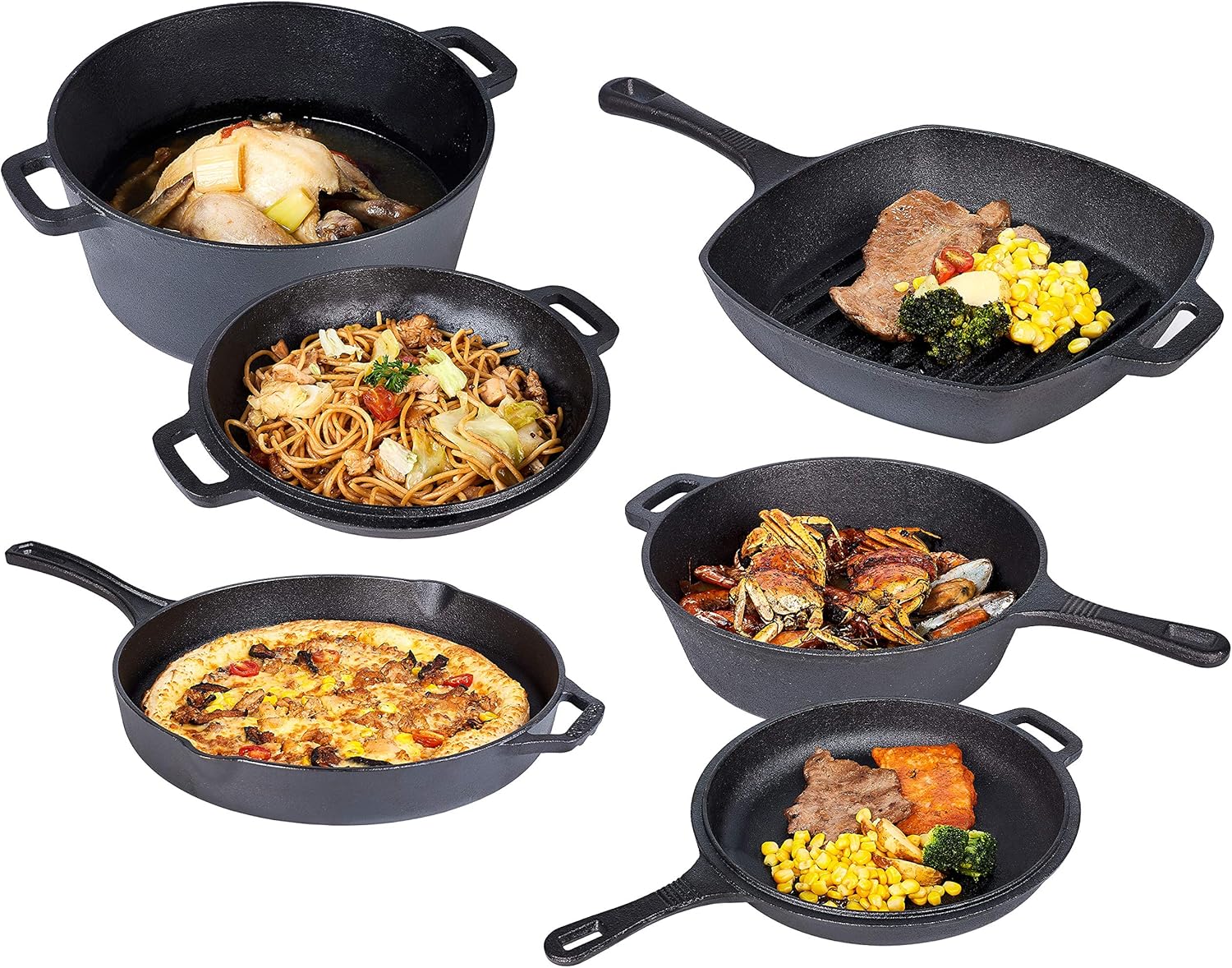 6 Piece Pre Seasoned Cast Iron Cookware Set with Dutch Oven, Skillets, Grill Pan, and Lid - Ideal for Outdoor Camping and Kitchen Cooking
