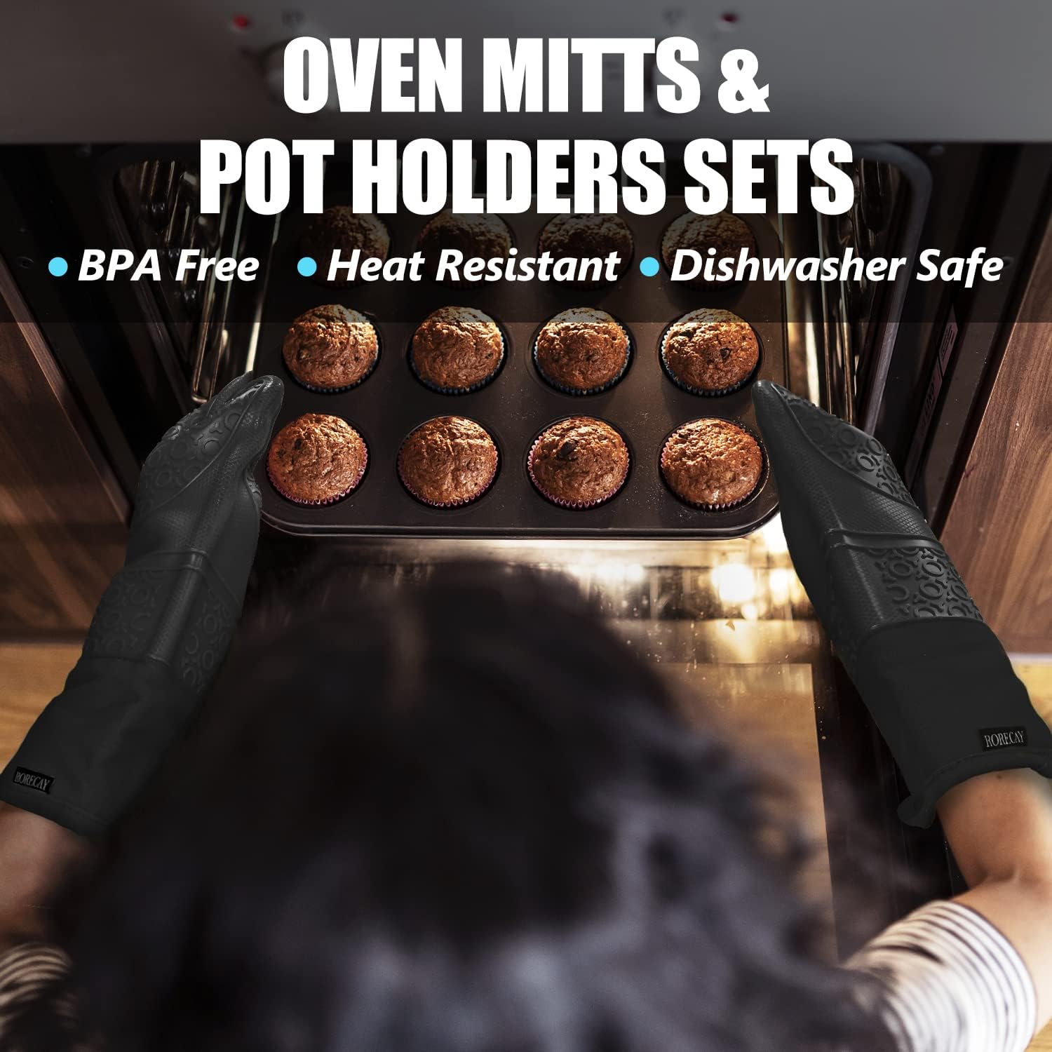 6-Piece Rorecay Extra Long Oven Mitts and Pot Holders Set - Heat Resistant Silicone with Quilted Liner for Baking and Cooking