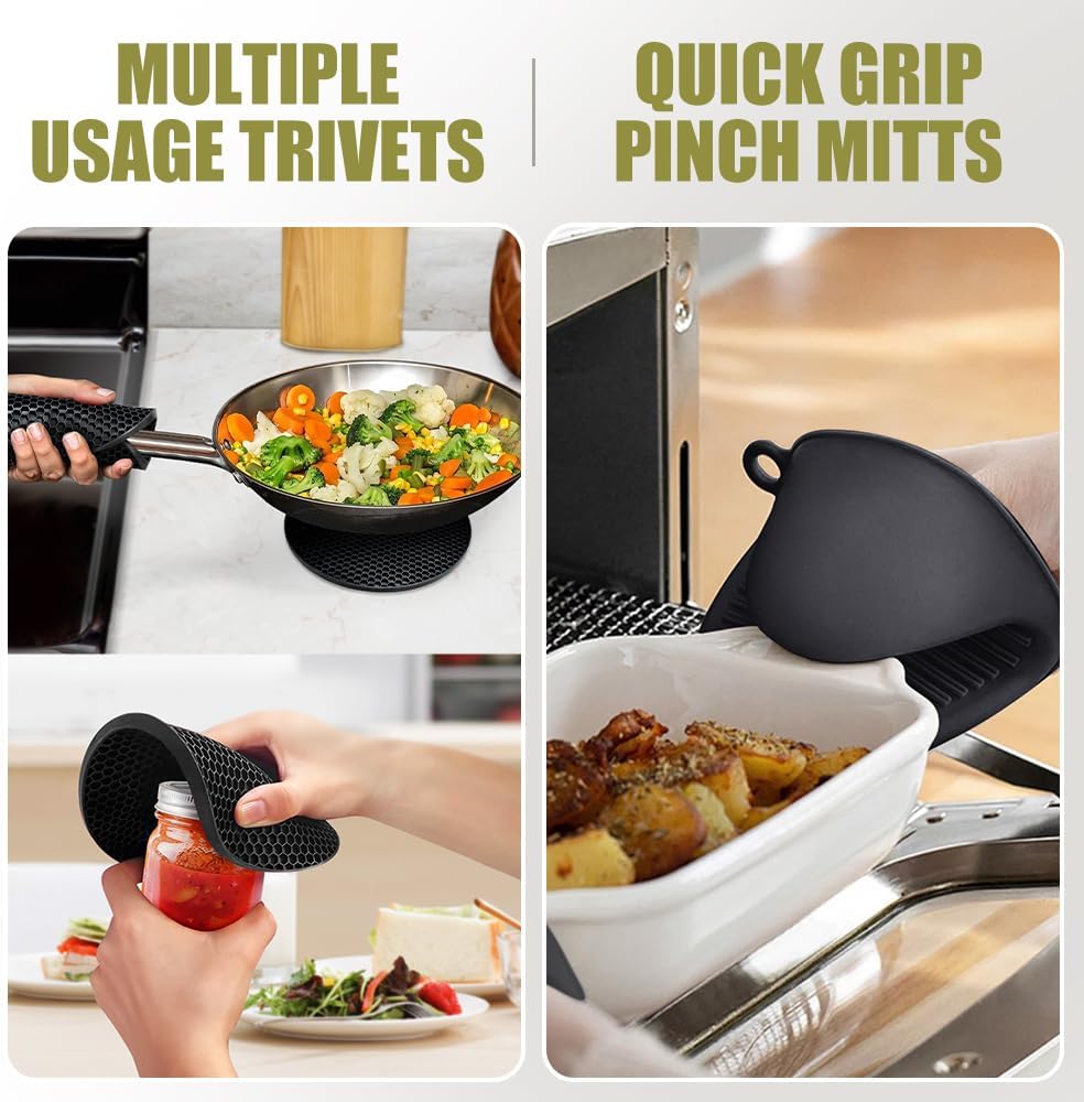 6-Piece Rorecay Extra Long Oven Mitts and Pot Holders Set - Heat Resistant Silicone with Quilted Liner for Baking and Cooking