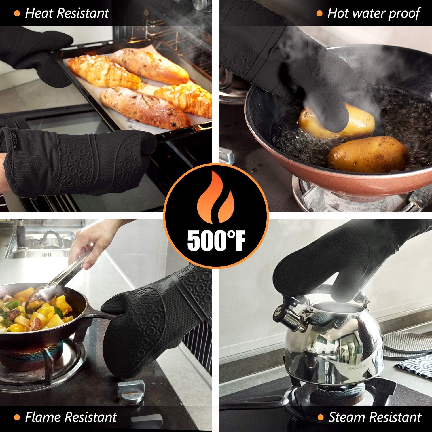 6-Piece Rorecay Extra Long Oven Mitts and Pot Holders Set - Heat Resistant Silicone with Quilted Liner for Baking and Cooking