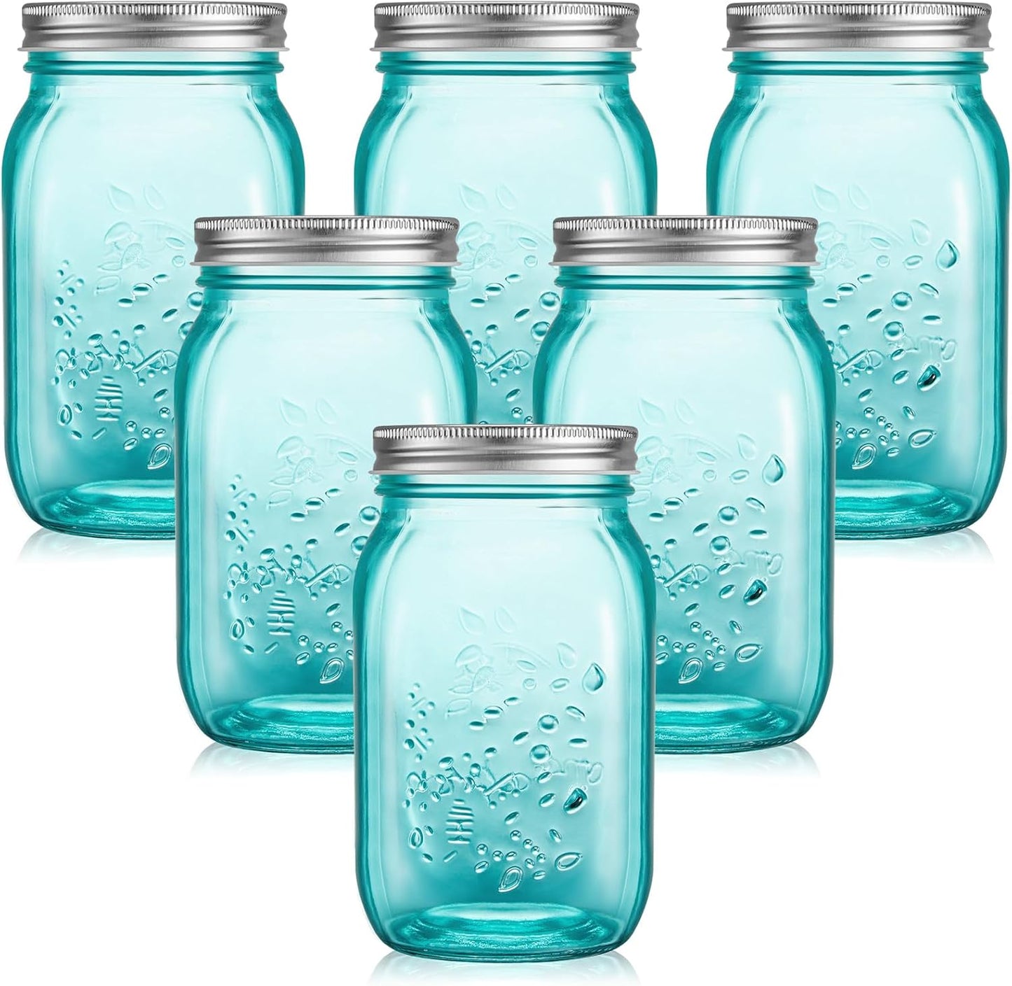 6-Piece Set of 16 oz Colored Mason Jars with Lids for DIY Crafts, Storage, Canning, Pickling - Regular Mouth Glass Jars - Peacock Green Color