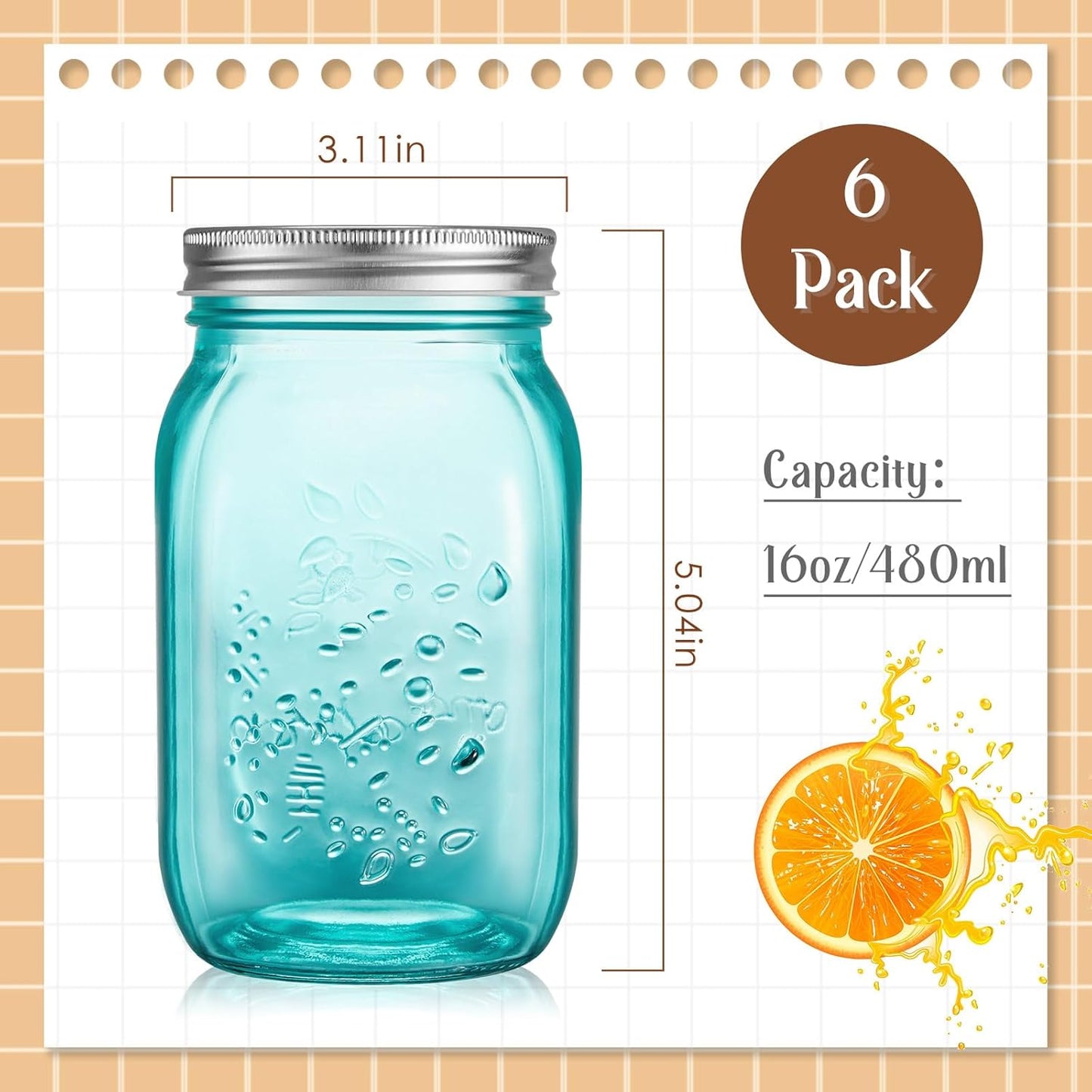 6-Piece Set of 16 oz Colored Mason Jars with Lids for DIY Crafts, Storage, Canning, Pickling - Regular Mouth Glass Jars - Peacock Green Color