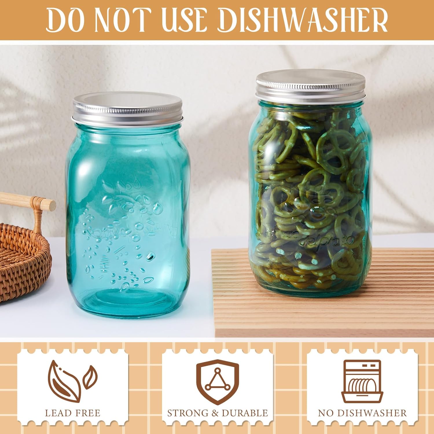 6-Piece Set of 16 oz Colored Mason Jars with Lids for DIY Crafts, Storage, Canning, Pickling - Regular Mouth Glass Jars - Peacock Green Color