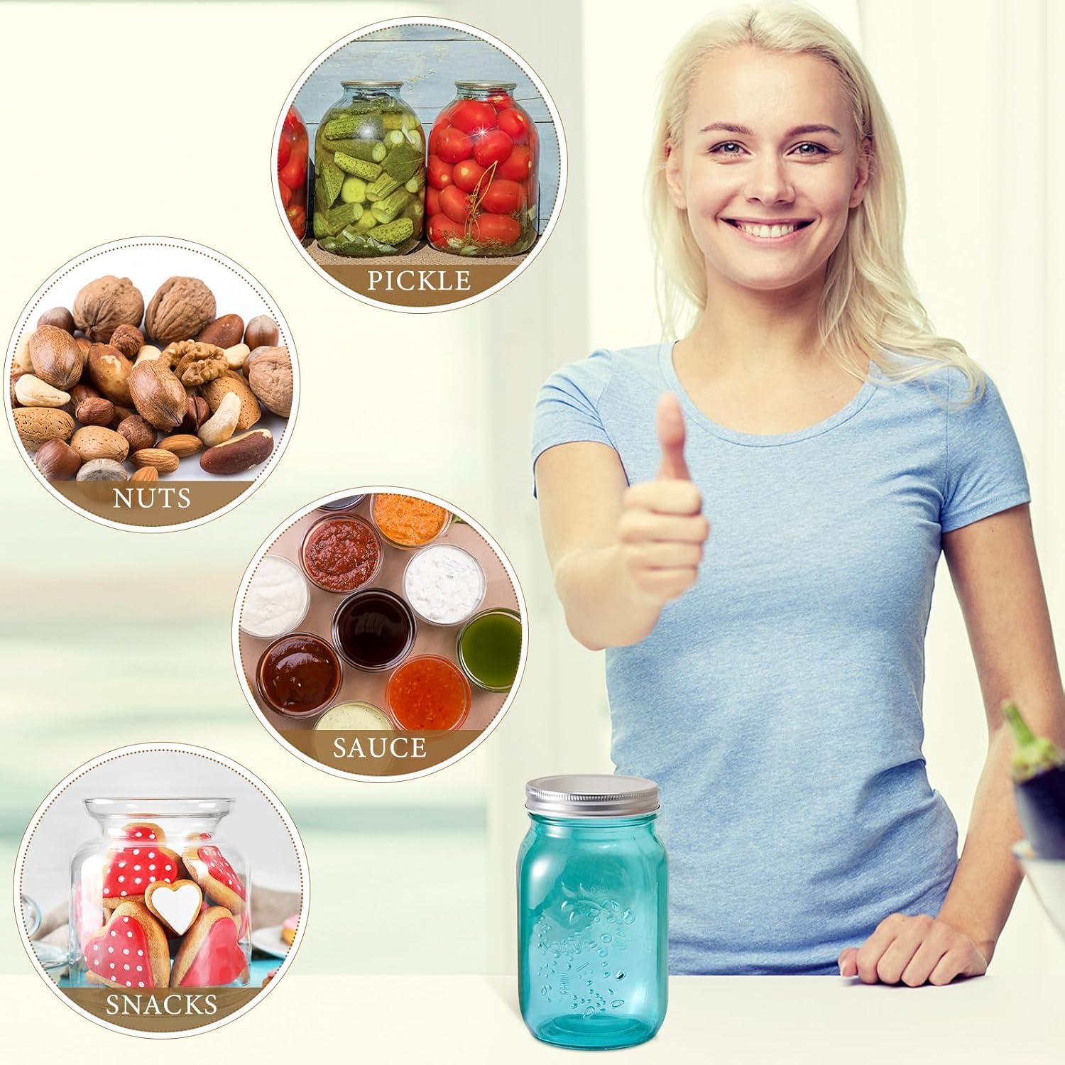 6-Piece Set of 16 oz Colored Mason Jars with Lids for DIY Crafts, Storage, Canning, Pickling - Regular Mouth Glass Jars - Peacock Green Color