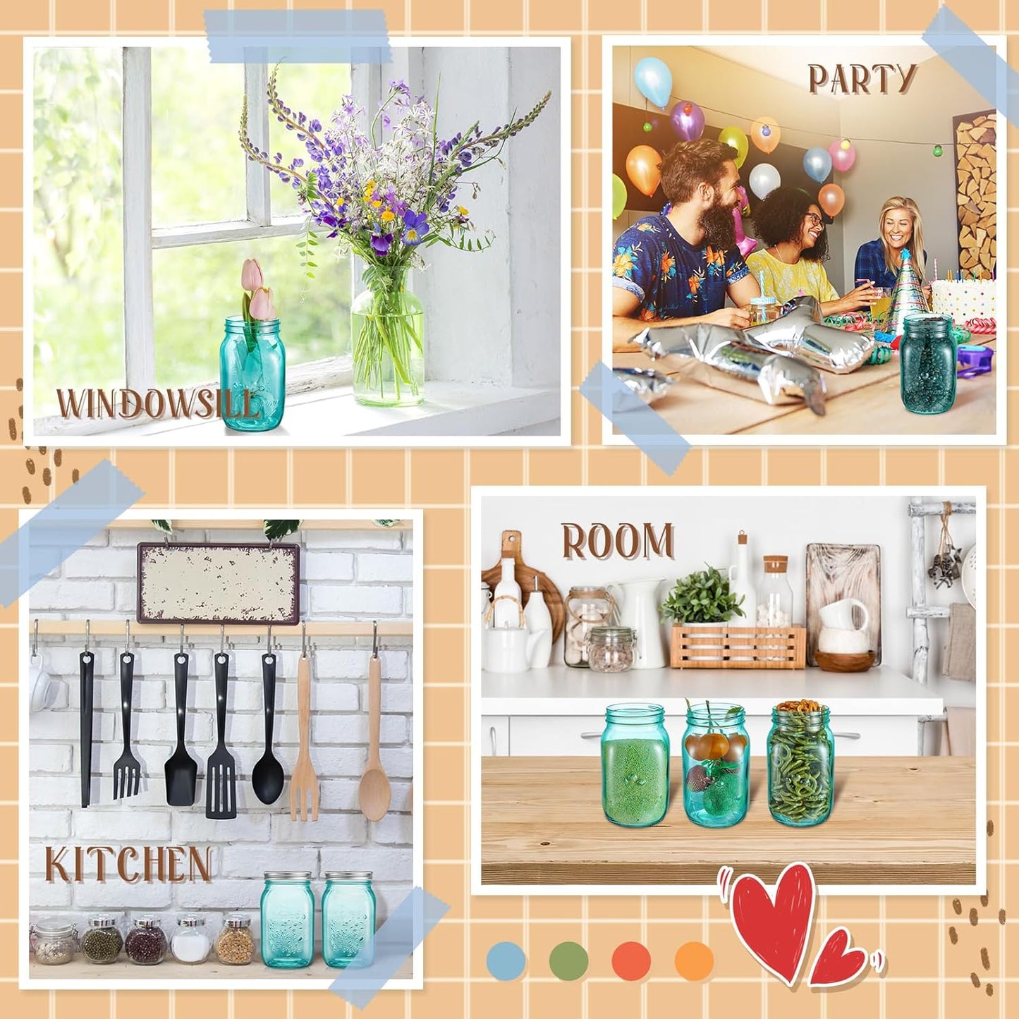 6-Piece Set of 16 oz Colored Mason Jars with Lids for DIY Crafts, Storage, Canning, Pickling - Regular Mouth Glass Jars - Peacock Green Color