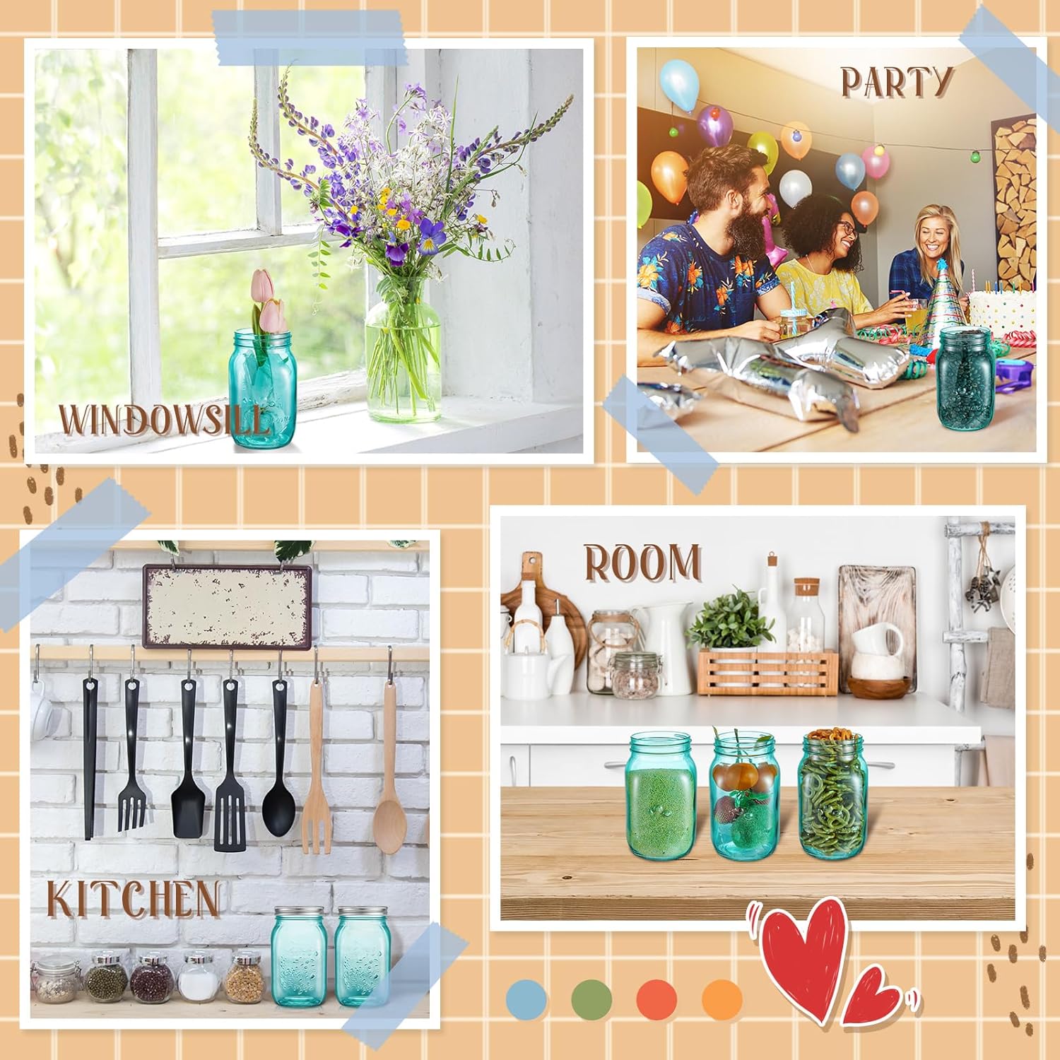 6-Piece Set of 16 oz Colored Mason Jars with Lids for DIY Crafts, Storage, Canning, Pickling - Regular Mouth Glass Jars - Peacock Green Color