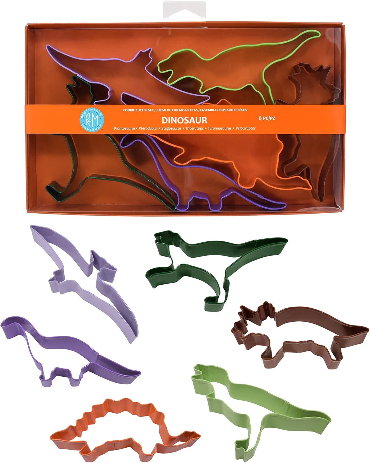 6-Piece Set of Dinosaur Cookie Cutters, Including Brontosaurus, Pterodactyl, Velociraptor, T-Rex, Stegosaurus, Triceratops by R&M International