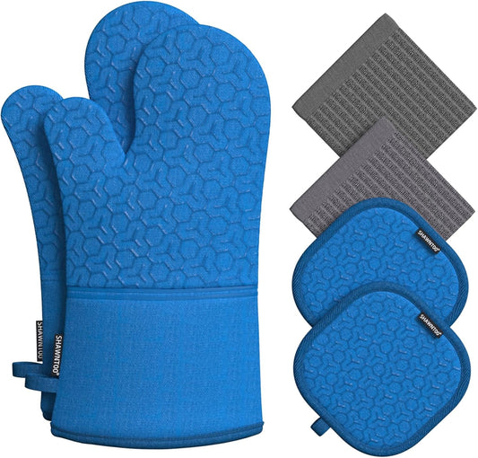 6 Piece Set of SHAWNTOO High Heat Resistant Oven Mitts and Pot Holders with Non-Slip Silicone Surface for Cooking, Baking, and Grilling in Dark Blue