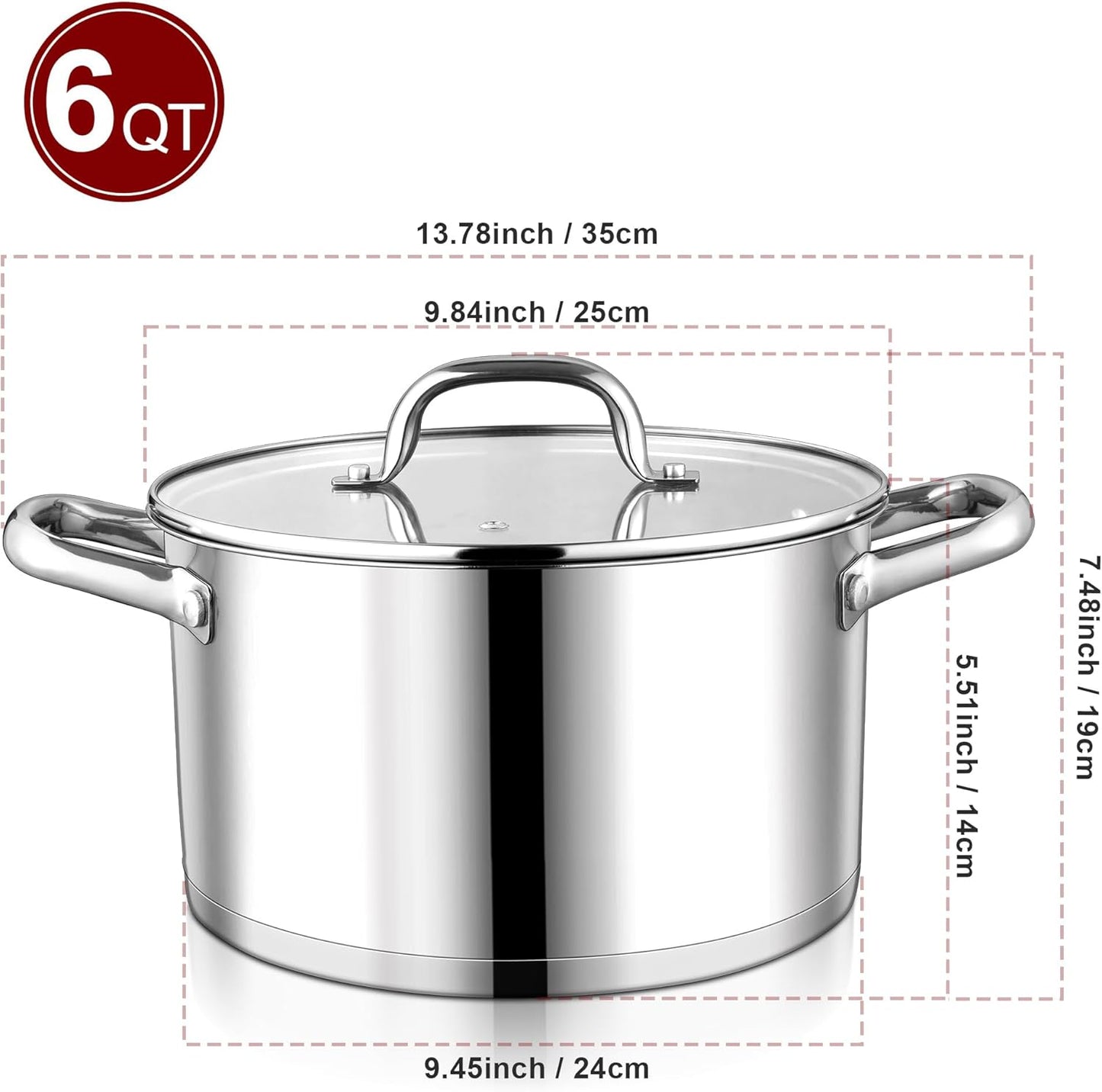 6 QT Stainless Steel Stock Pot with Glass Lid, Non-toxic Tri-ply Base Cookware for Induction Cooktops, Dishwasher Safe