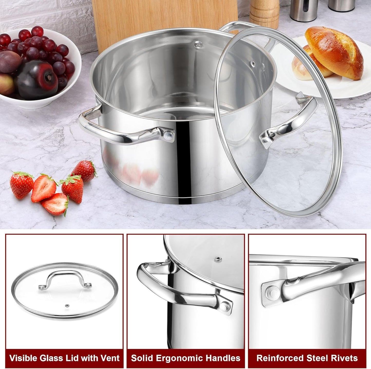 6 QT Stainless Steel Stock Pot with Glass Lid, Non-toxic Tri-ply Base Cookware for Induction Cooktops, Dishwasher Safe