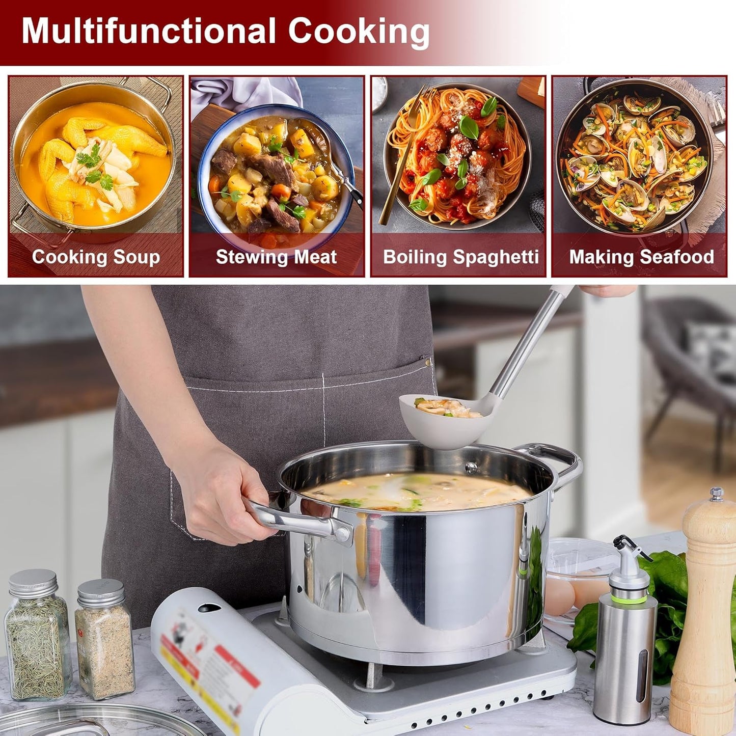 6 QT Stainless Steel Stock Pot with Glass Lid, Non-toxic Tri-ply Base Cookware for Induction Cooktops, Dishwasher Safe