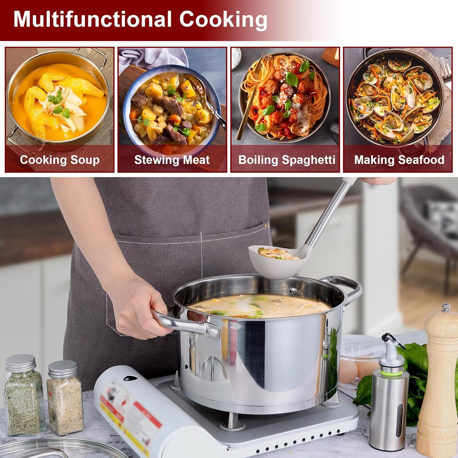 6 QT Stainless Steel Stock Pot with Glass Lid, Non-toxic Tri-ply Base Cookware for Induction Cooktops, Dishwasher Safe