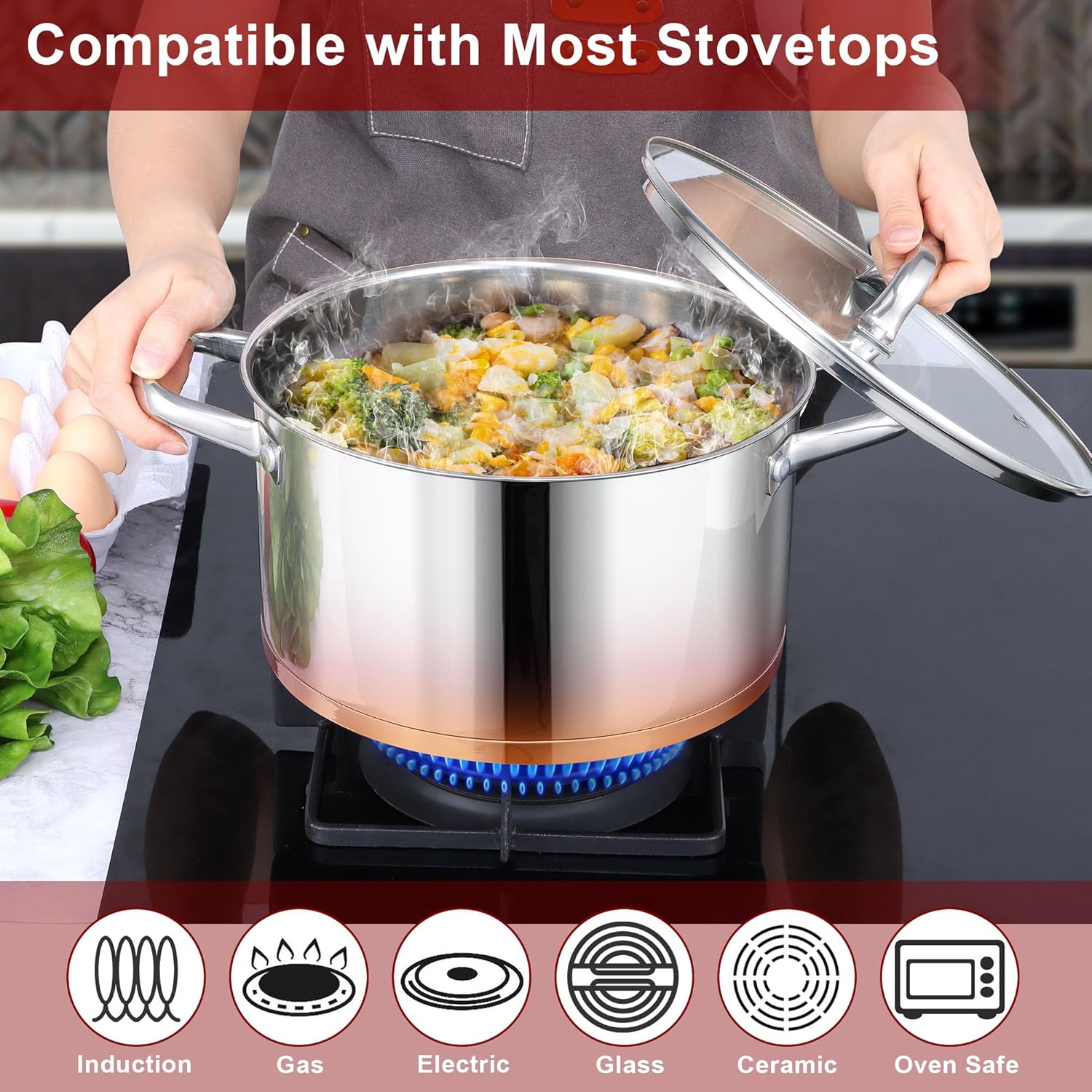 6 QT Stainless Steel Stock Pot with Glass Lid, Non-toxic Tri-ply Base Cookware for Induction Cooktops, Dishwasher Safe