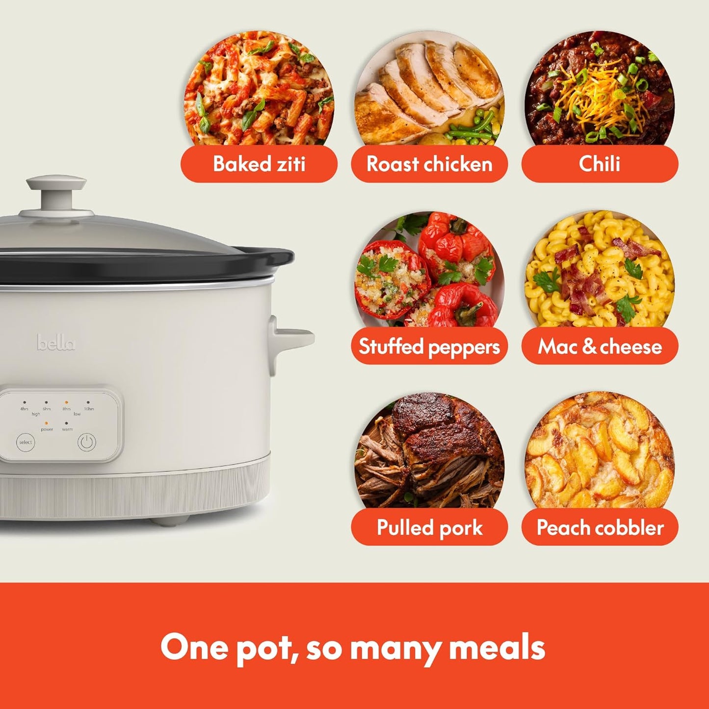 6 Quart Bella Slow Cooker with EverGood™ Ceramic Coating, Adjustable Temp & Time, Dishwasher Safe Pot & Lid, Tangle-Free Cord Wrap - Oatmilk Color
