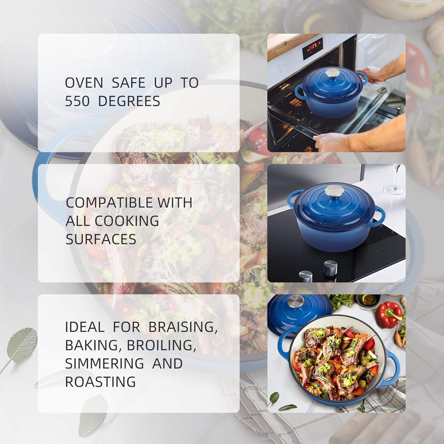 6 Quart Enameled Cast Iron Dutch Oven with Lid and Dual Handles - Oven Safe up to 500°F - Blue Classic Round Pot for Versatile Cooking