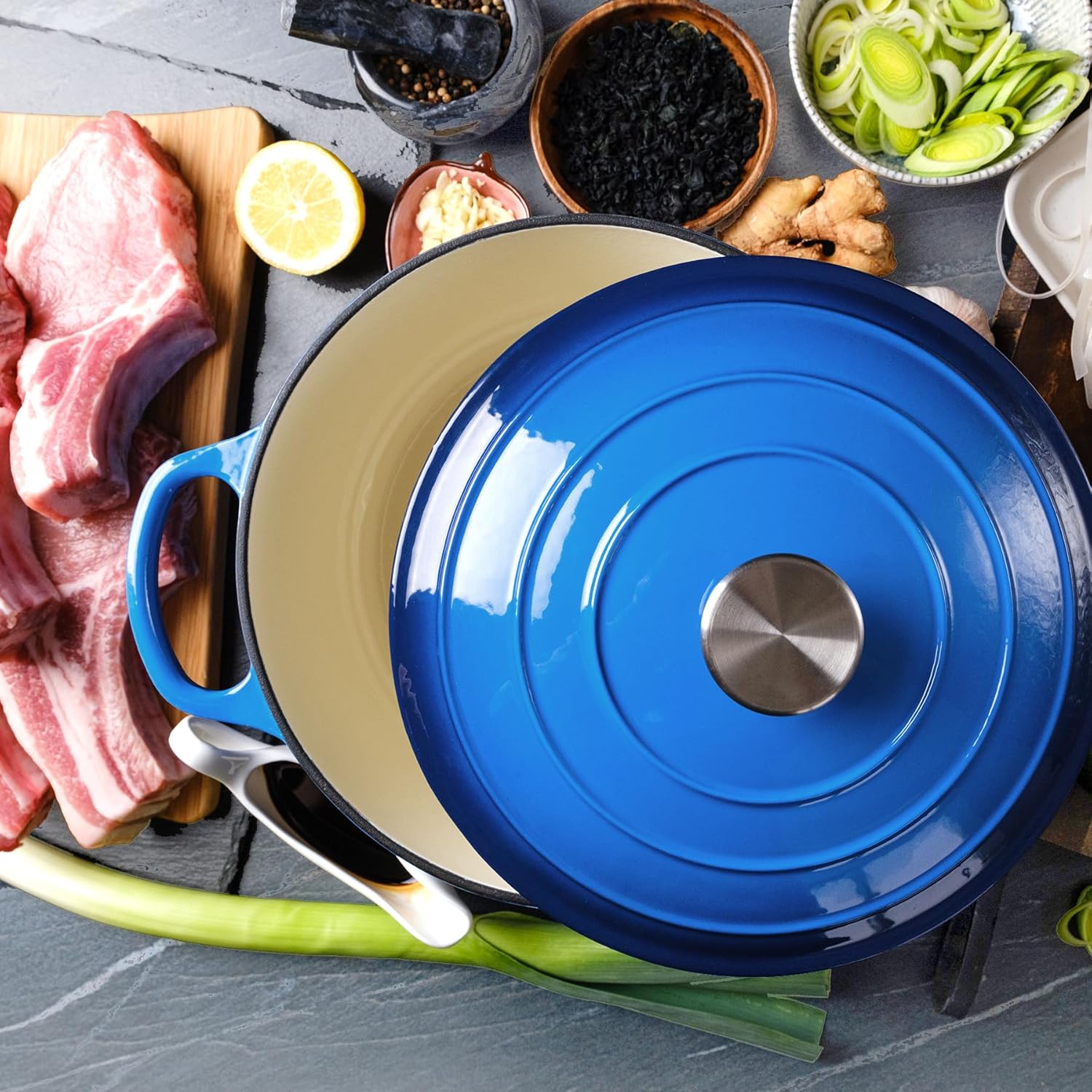 6 Quart Enameled Cast Iron Dutch Oven with Lid and Dual Handles - Oven Safe up to 500°F - Blue Classic Round Pot for Versatile Cooking