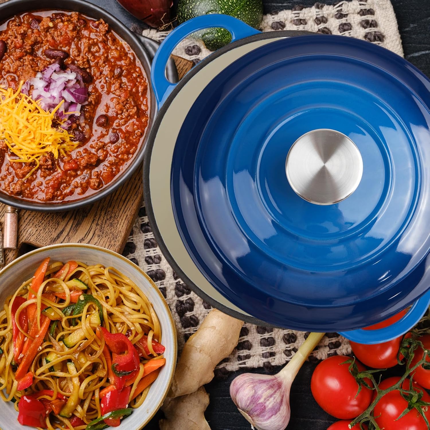 6 Quart Enameled Cast Iron Dutch Oven with Lid and Dual Handles - Oven Safe up to 500°F - Blue Classic Round Pot for Versatile Cooking