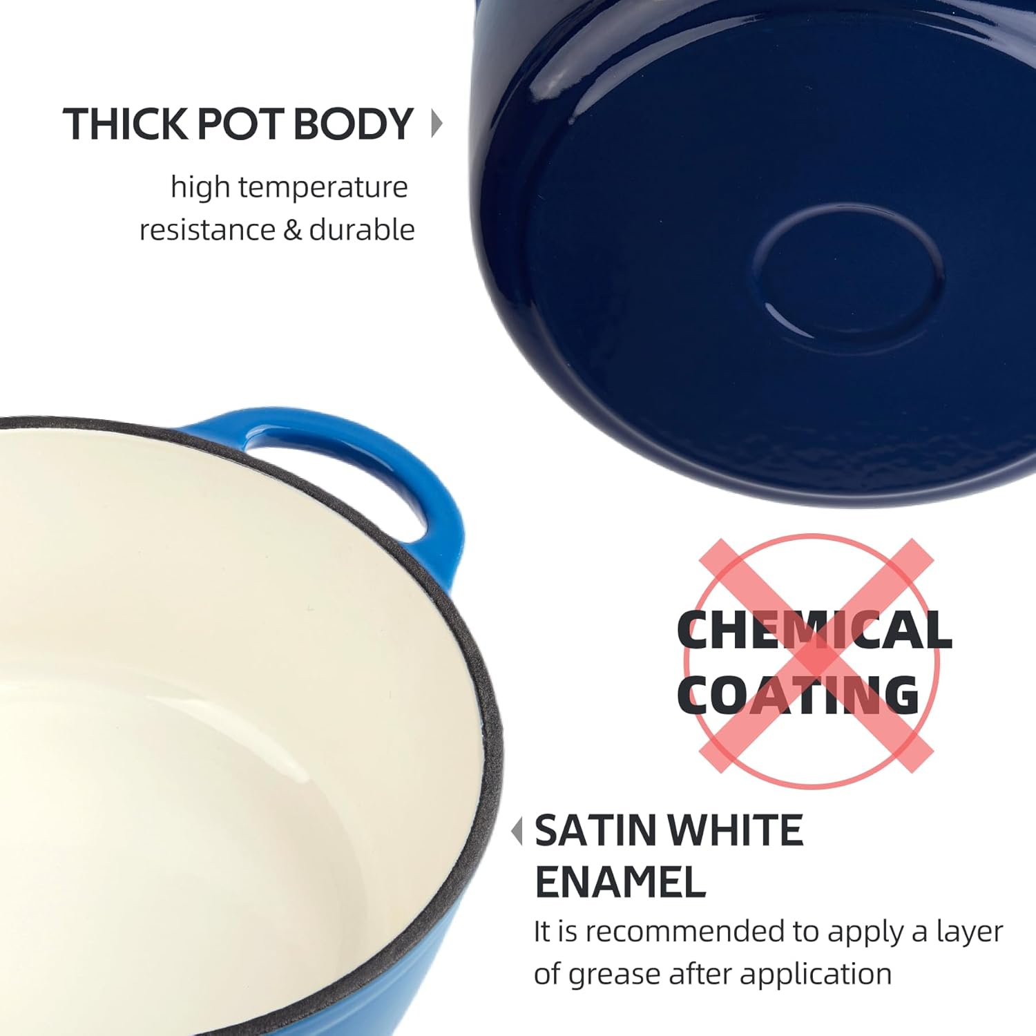 6 Quart Enameled Cast Iron Dutch Oven with Lid and Dual Handles - Oven Safe up to 500°F - Blue Classic Round Pot for Versatile Cooking