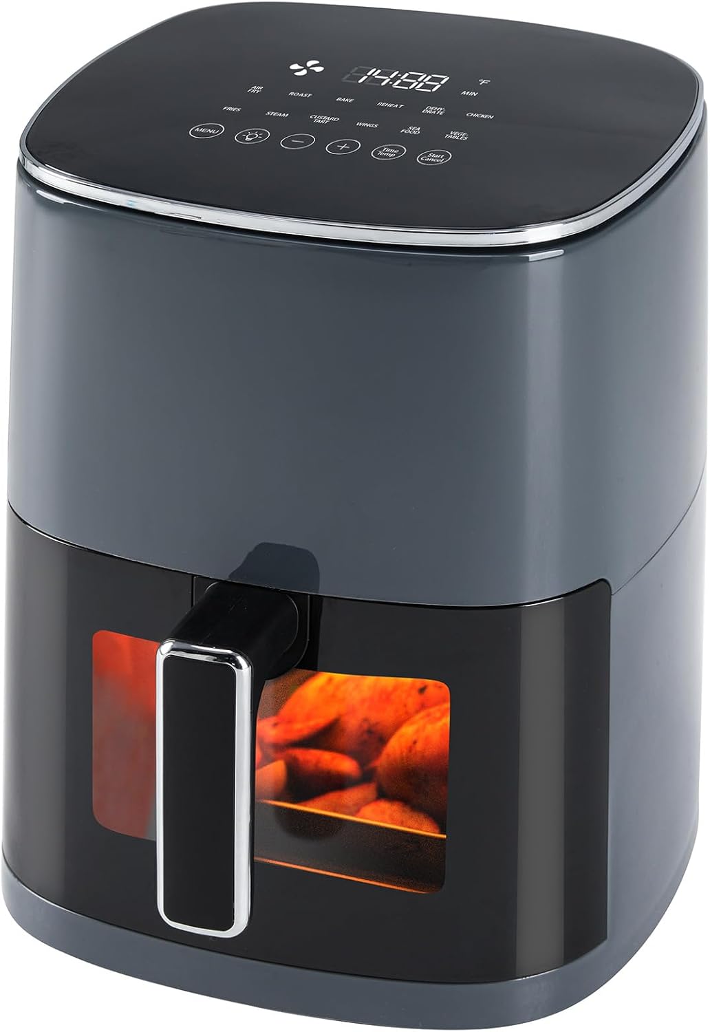 6 Quart OLIXIS Square Air Fryer with Window, 12-in-1 Functions, 400F Grey Color - Air Fry, Roast, Reheat, Dehydrate, Bake, Steam