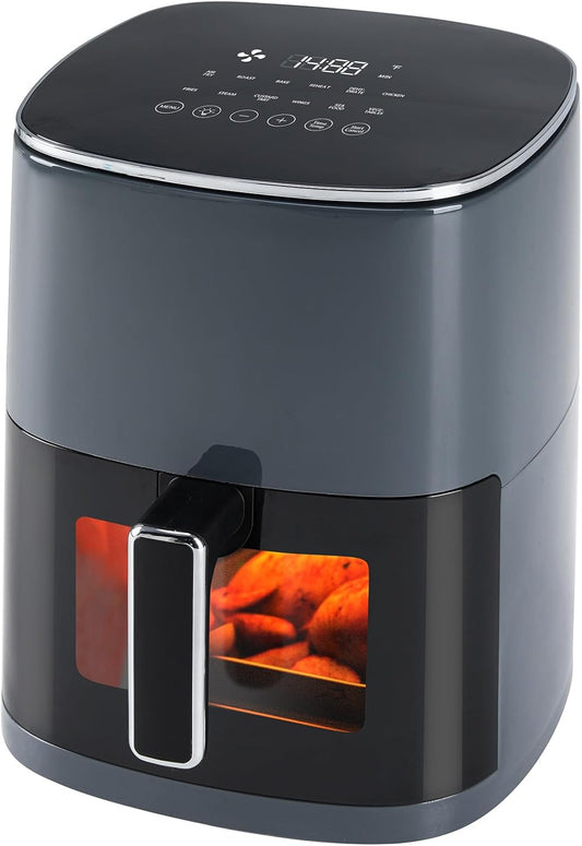 6 Quart OLIXIS Square Air Fryer with Window, 12-in-1 Functions, 400F Grey Color - Air Fry, Roast, Reheat, Dehydrate, Bake, Steam