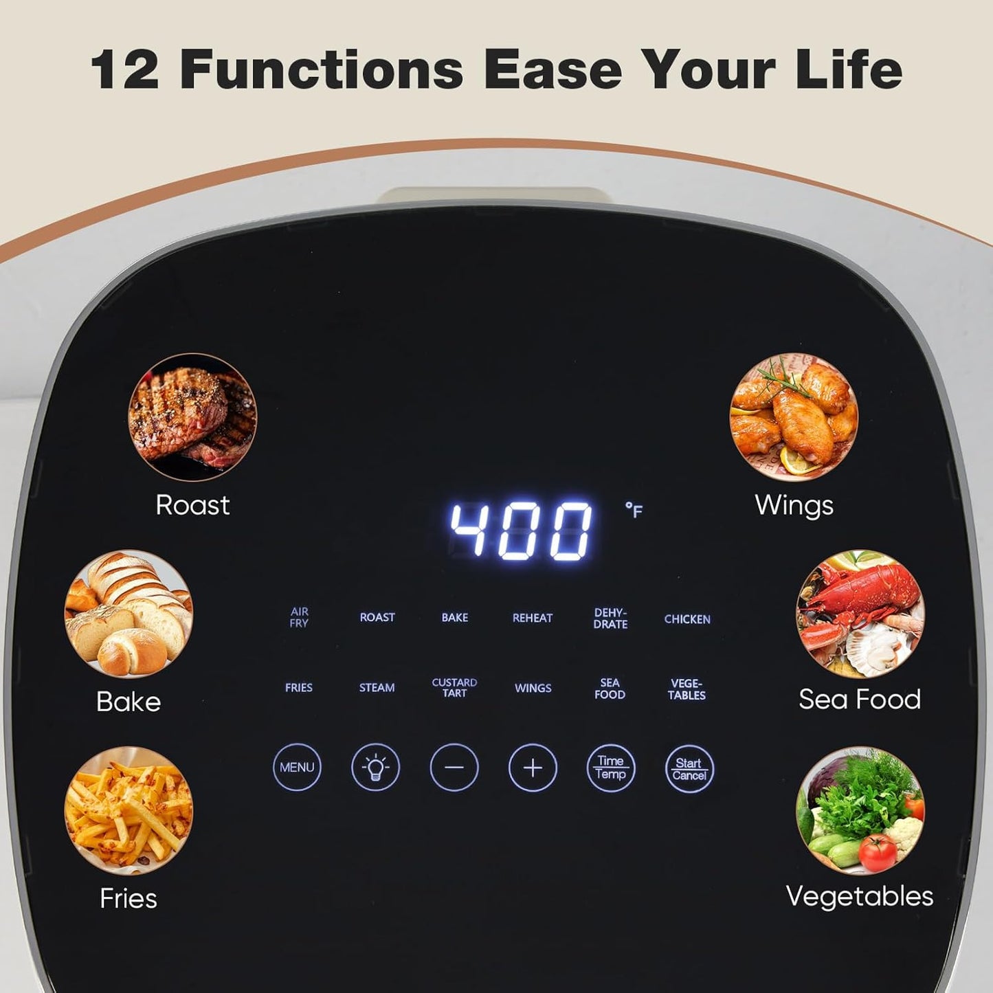 6 Quart OLIXIS Square Air Fryer with Window, 12-in-1 Functions, 400F Grey Color - Air Fry, Roast, Reheat, Dehydrate, Bake, Steam