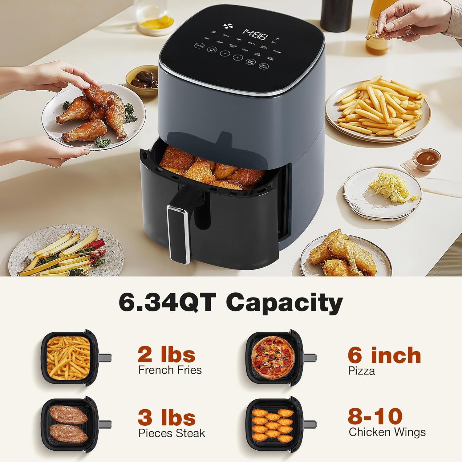 6 Quart OLIXIS Square Air Fryer with Window, 12-in-1 Functions, 400F Grey Color - Air Fry, Roast, Reheat, Dehydrate, Bake, Steam