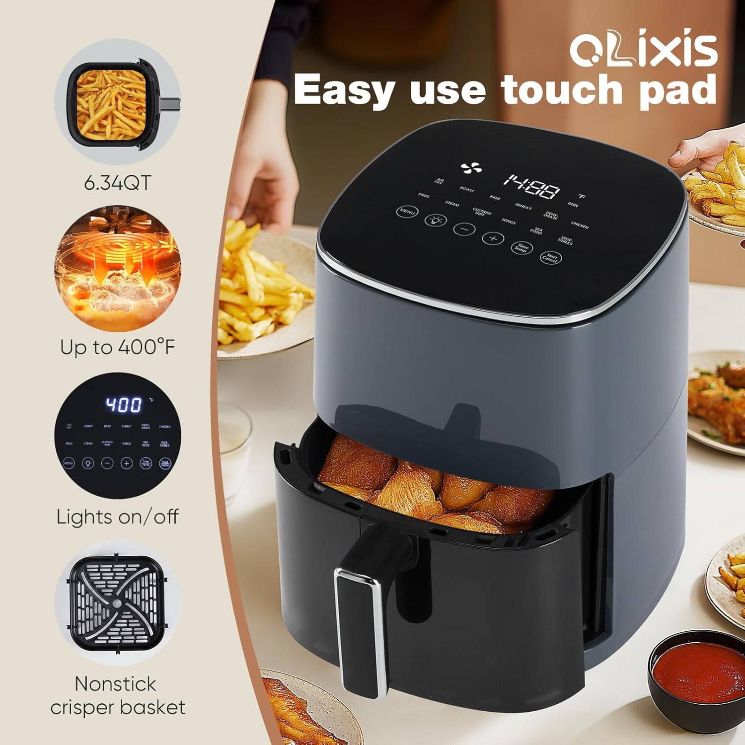 6 Quart OLIXIS Square Air Fryer with Window, 12-in-1 Functions, 400F Grey Color - Air Fry, Roast, Reheat, Dehydrate, Bake, Steam