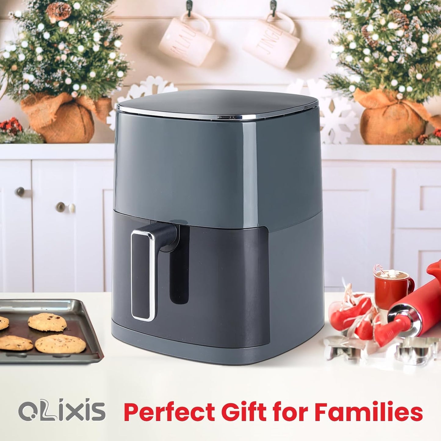 6 Quart OLIXIS Square Air Fryer with Window, 12-in-1 Functions, 400F Grey Color - Air Fry, Roast, Reheat, Dehydrate, Bake, Steam