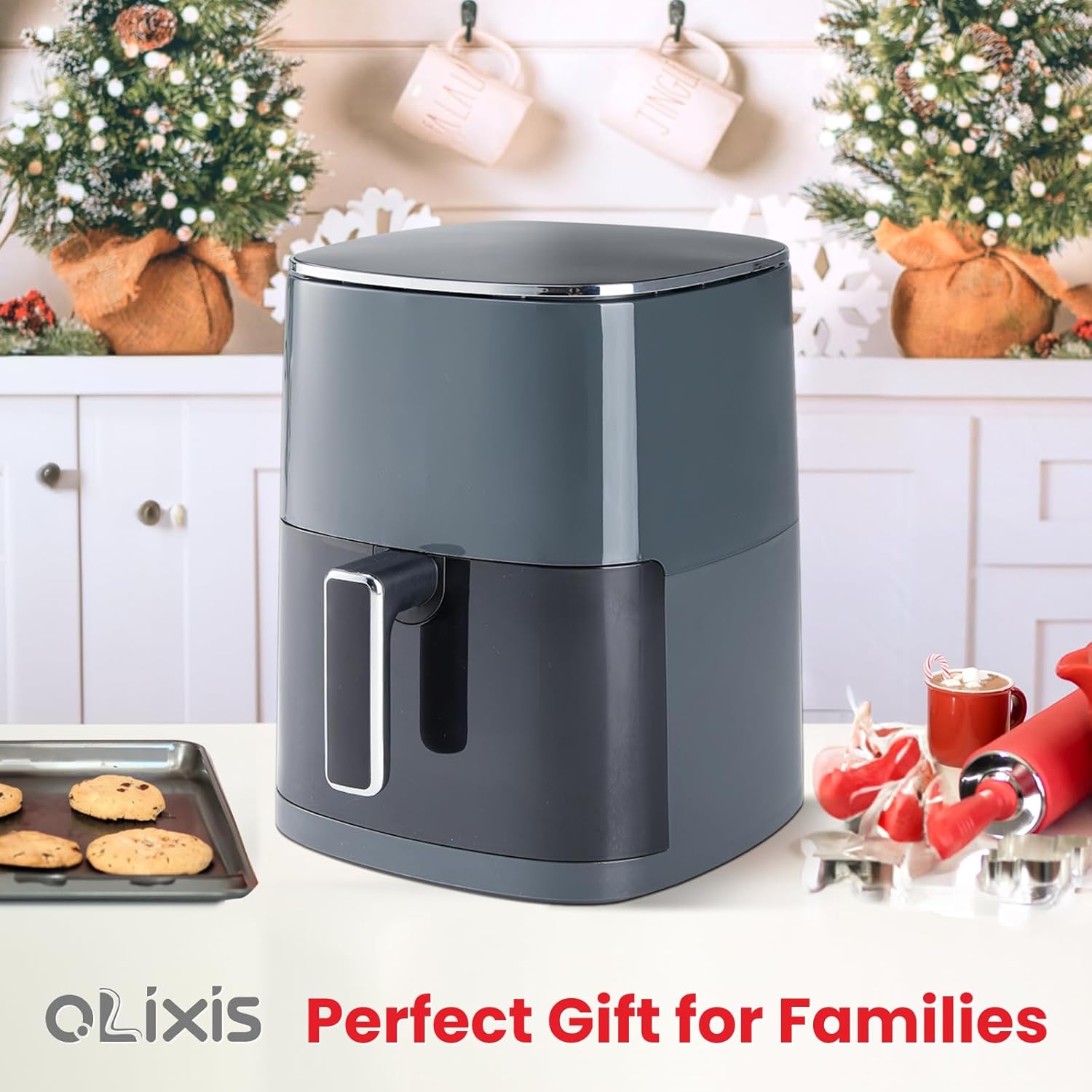6 Quart OLIXIS Square Air Fryer with Window, 12-in-1 Functions, 400F Grey Color - Air Fry, Roast, Reheat, Dehydrate, Bake, Steam