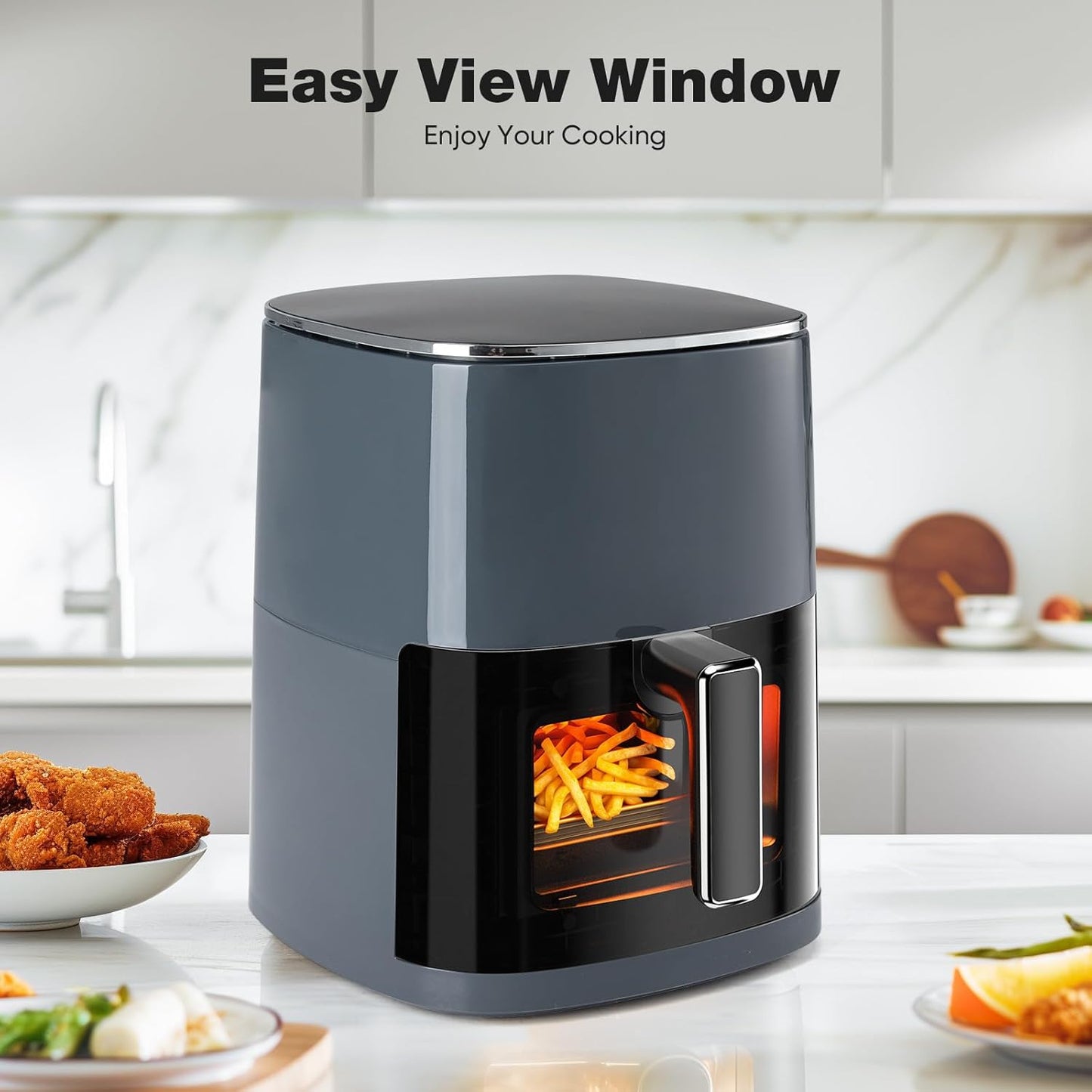 6 Quart OLIXIS Square Air Fryer with Window, 12-in-1 Functions, 400F Grey Color - Air Fry, Roast, Reheat, Dehydrate, Bake, Steam