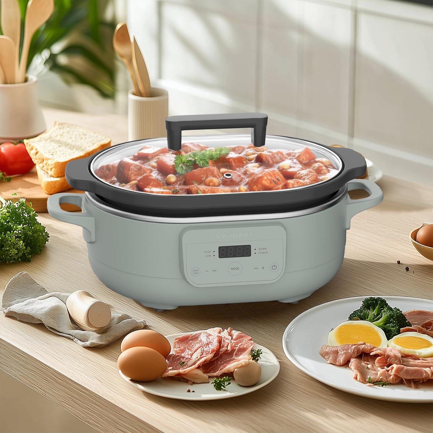6 Quart Programmable Slow Cooker with Removable Nonstick Pot - Ideal for Family Meals - Serves 6+ - Keep Warm Feature - Olive Color