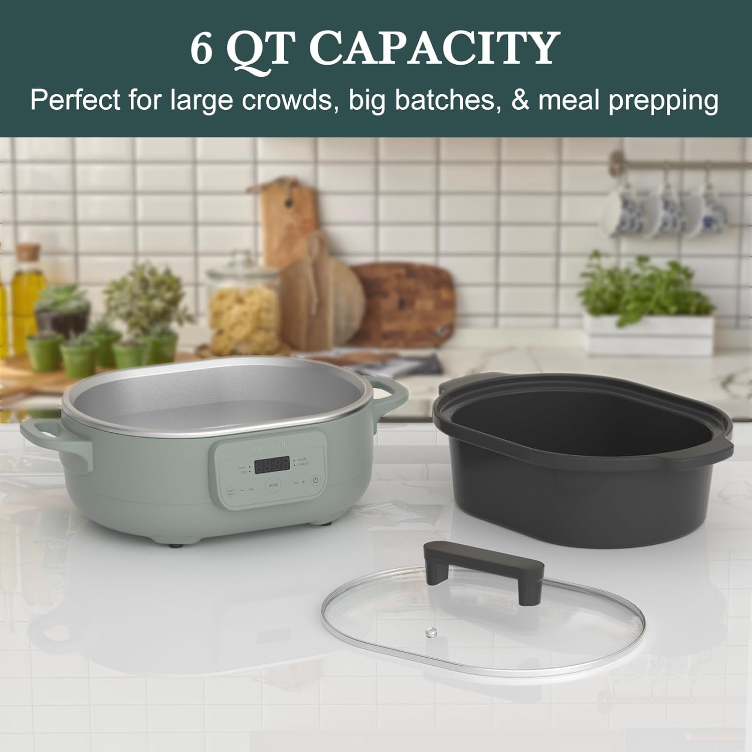 6 Quart Programmable Slow Cooker with Removable Nonstick Pot - Ideal for Family Meals - Serves 6+ - Keep Warm Feature - Olive Color