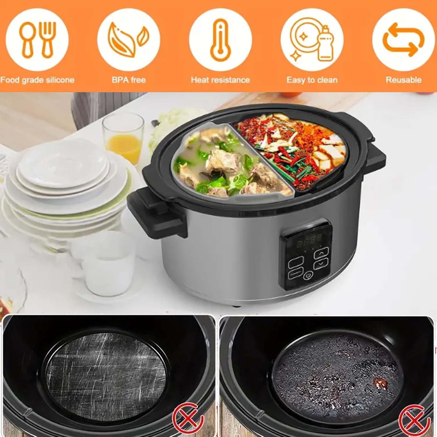 6 Quart Silicone Crock Pot Divider - Reusable Liners for Slow Cooker - Fits Most 6-7 Qt Crock Pots - Dishwasher Safe & BPA Free